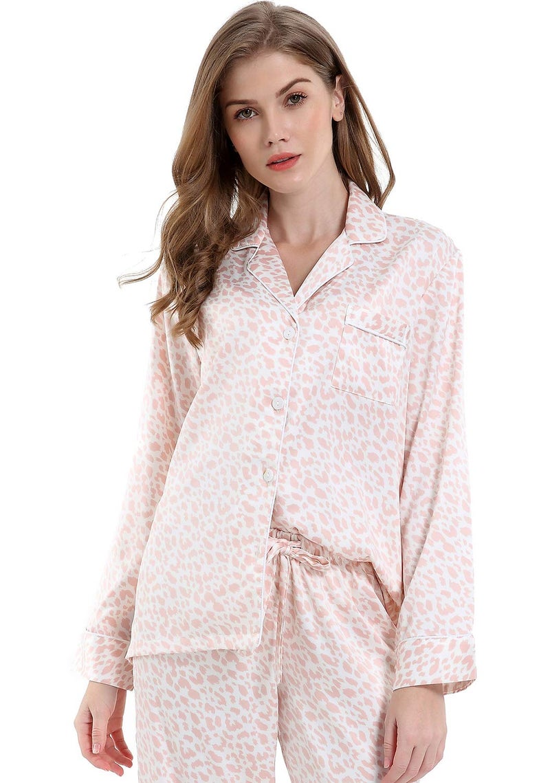 Serenedelicacy Women's Satin Pajama Set Long Sleeve Button Down Sleepwear 2-Piece Silky Pj Set (Small, Blush, Leopard) - Image 2